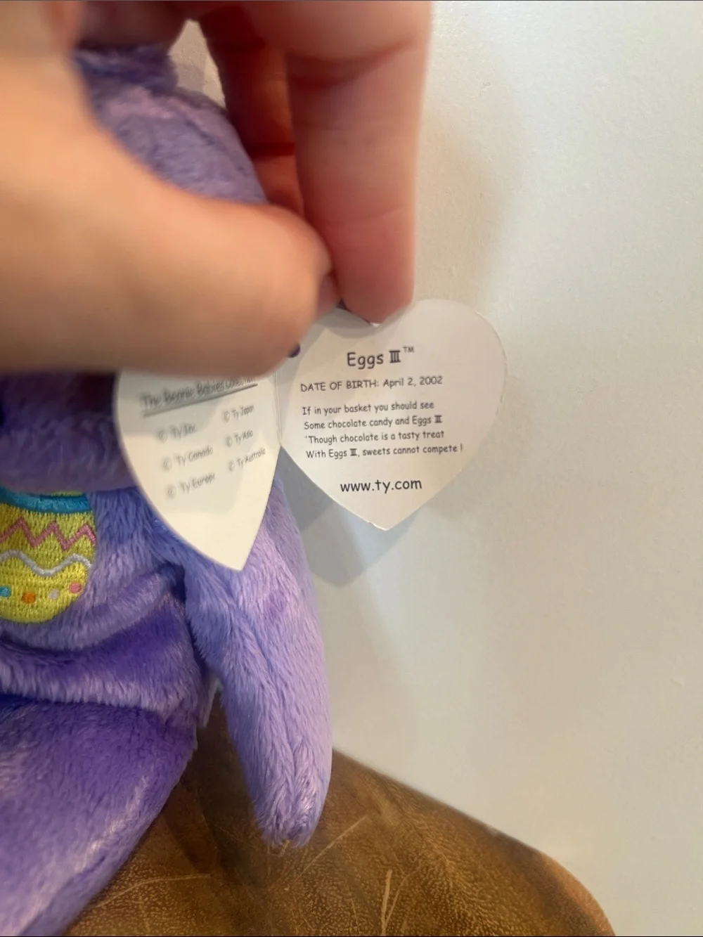 Ty Purple Beanie Baby Plush Bear with Gold Bow and Embroidered Egg